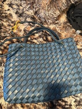 Woven Leather-Style Navy Tote Bag